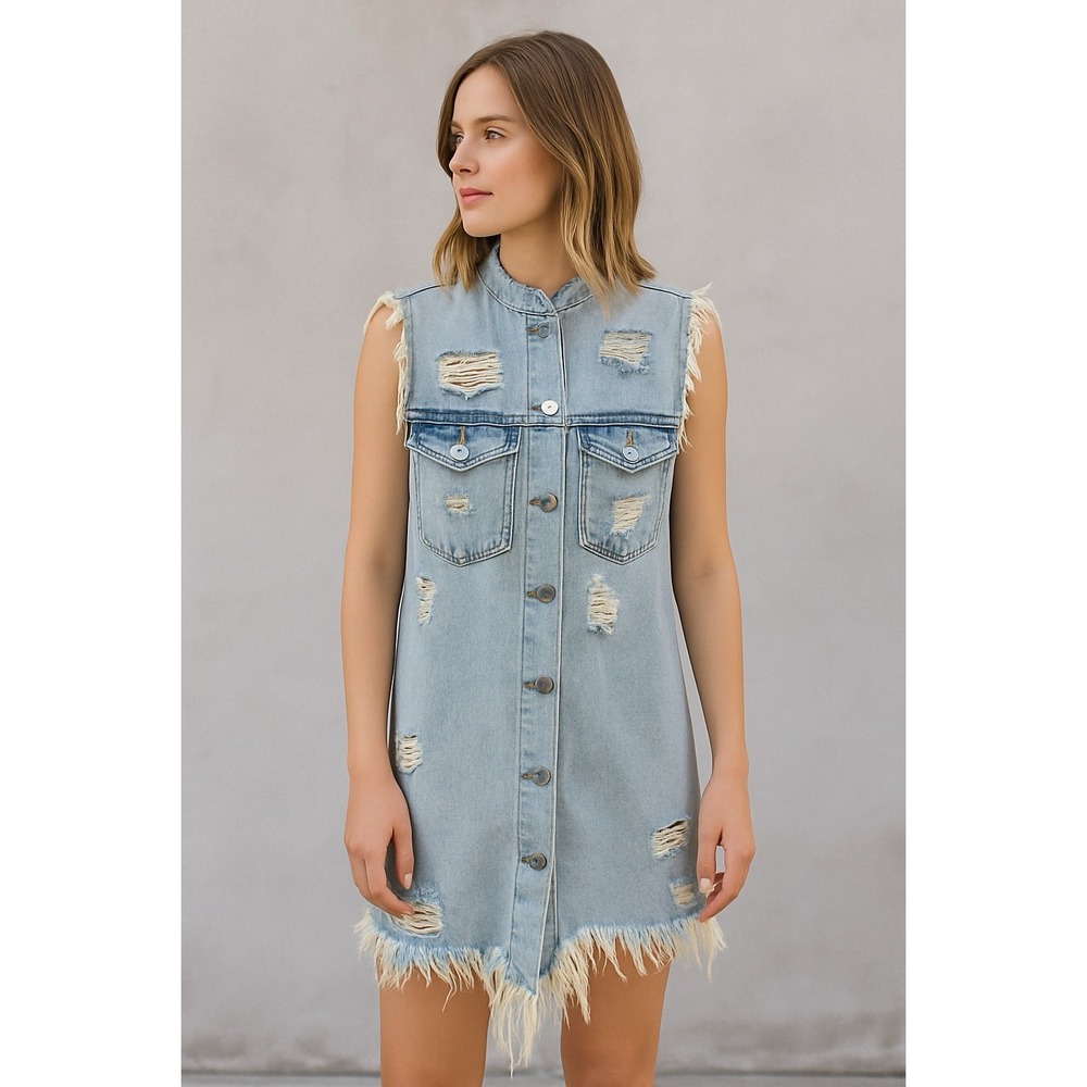 ZARA TRF Denim Shirt Dress XS Sleeveless Distressed Button Down Grunge Y2K